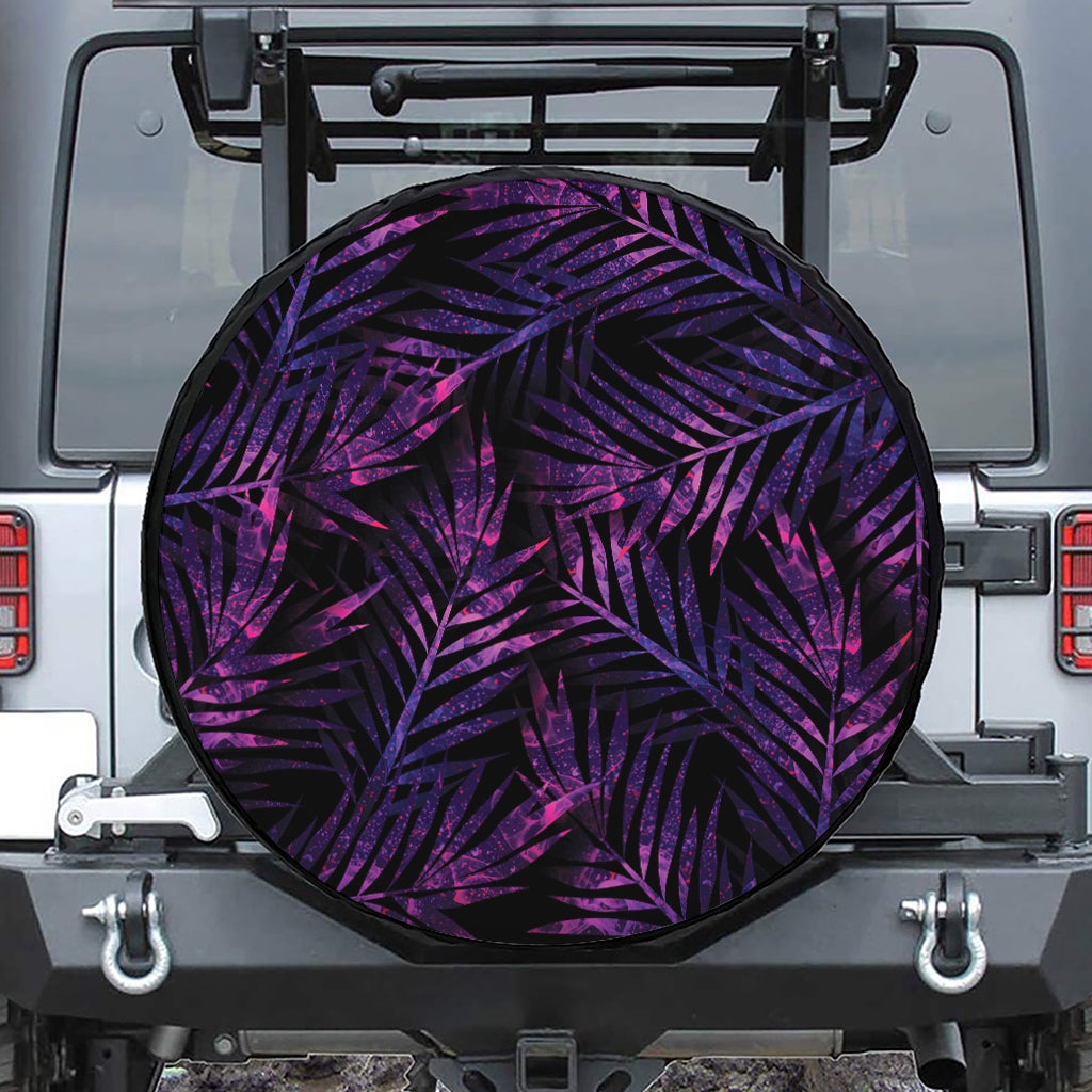 Purple Tropical Leaves Print Leather Spare Tire Cover