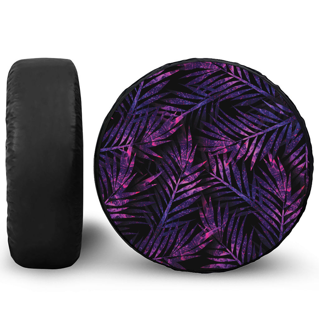 Purple Tropical Leaves Print Leather Spare Tire Cover