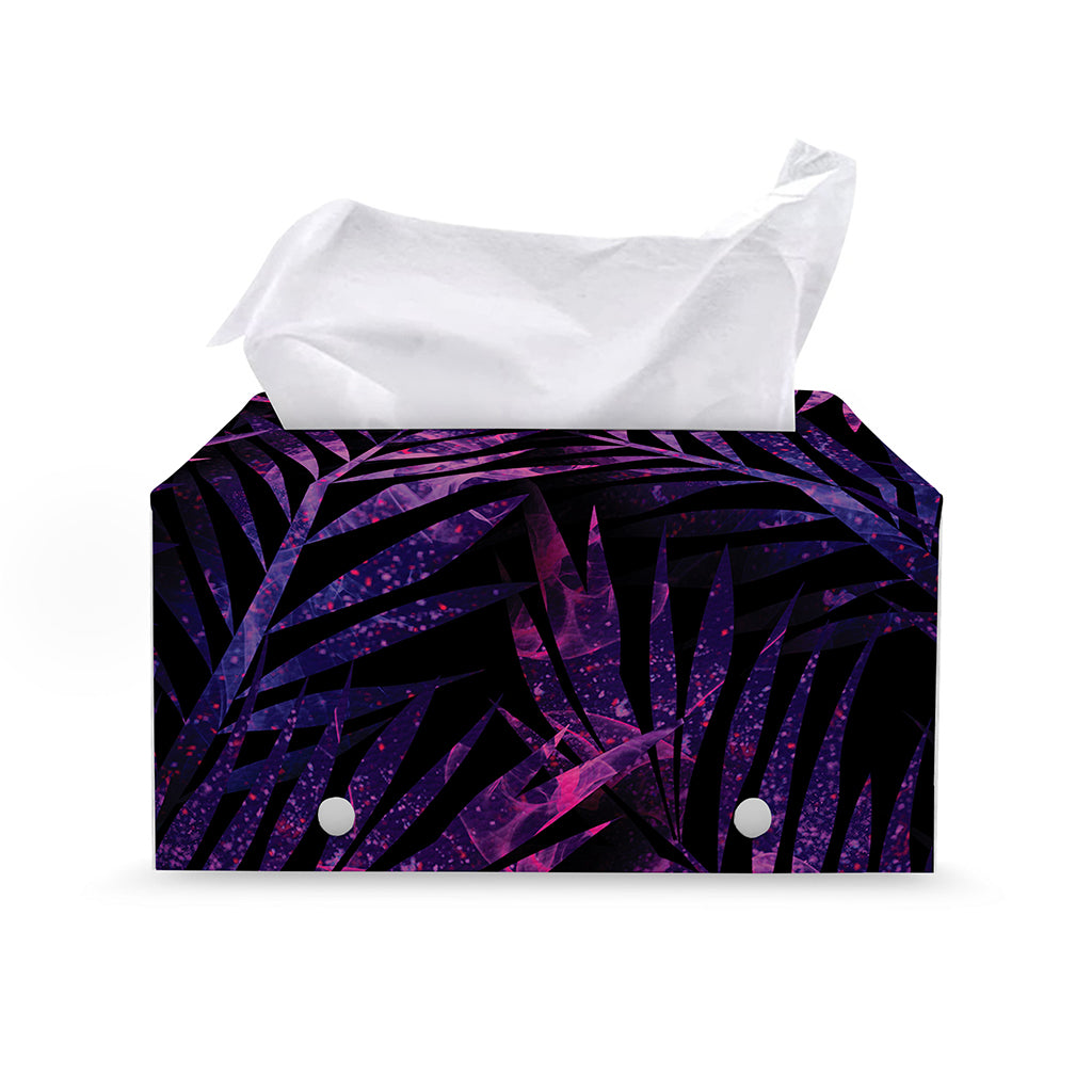 Purple Tropical Leaves Print Leather Tissue Box Cover