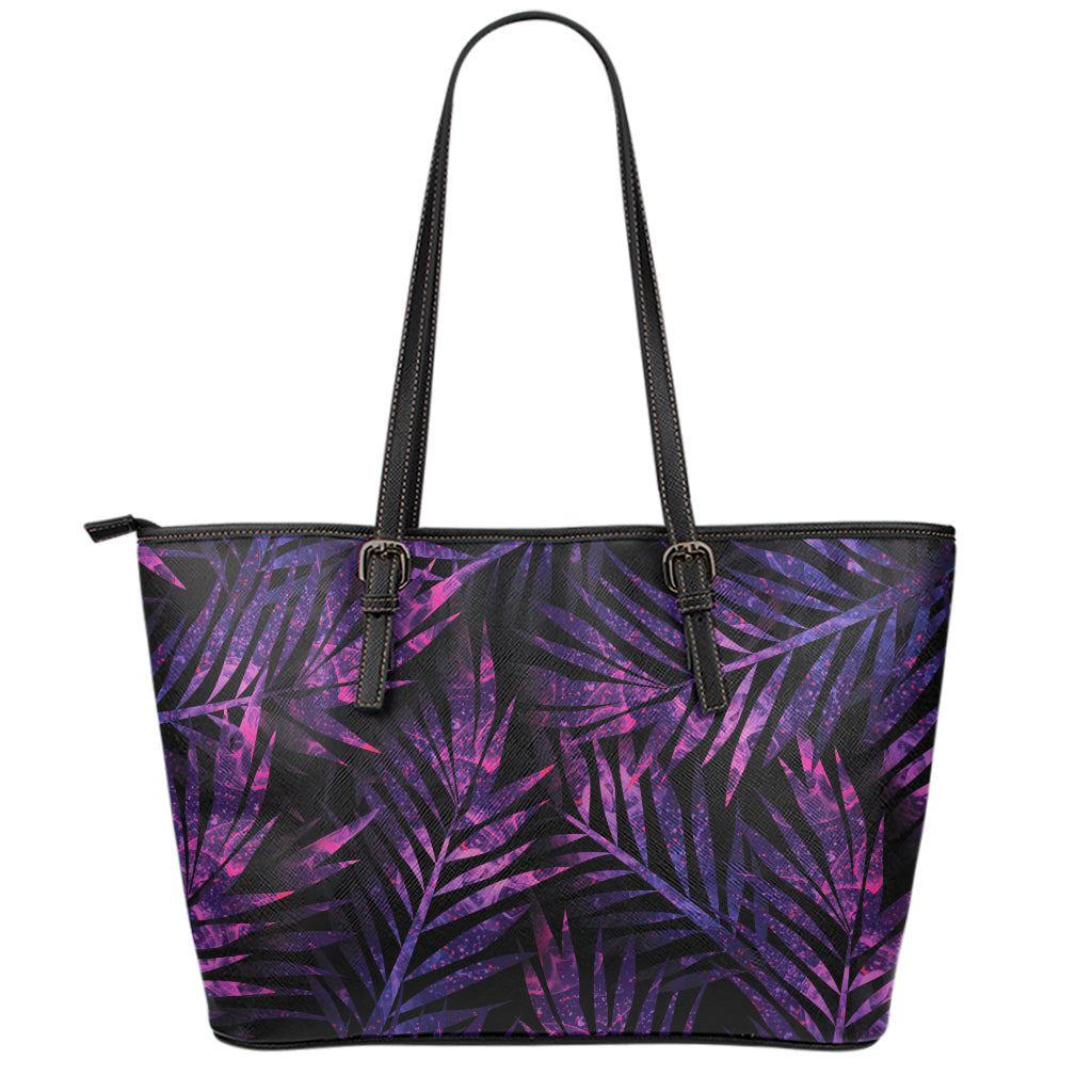 Purple Tropical Leaves Print Leather Tote Bag
