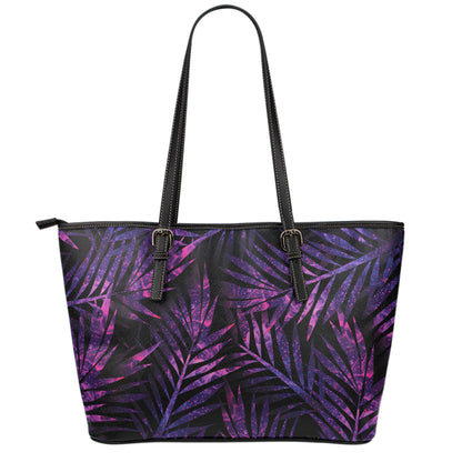 Purple Tropical Leaves Print Leather Tote Bag