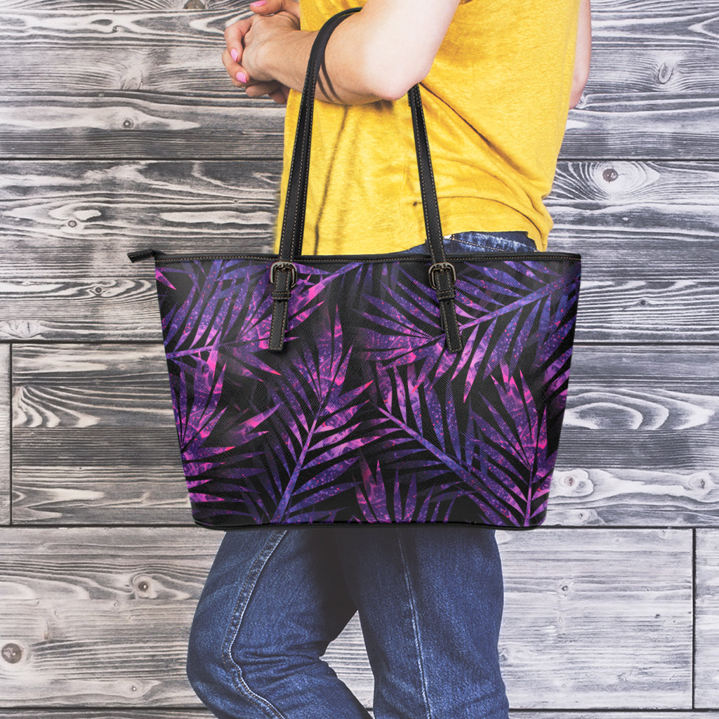 Purple Tropical Leaves Print Leather Tote Bag