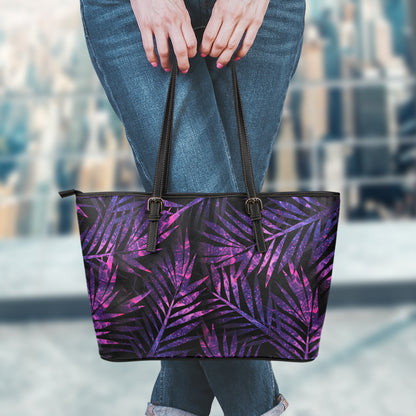 Purple Tropical Leaves Print Leather Tote Bag
