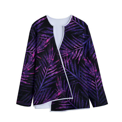 Purple Tropical Leaves Print Long Sleeve Short Coat