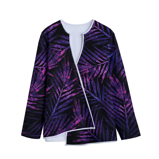 Purple Tropical Leaves Print Long Sleeve Short Coat