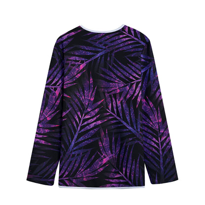 Purple Tropical Leaves Print Long Sleeve Short Coat