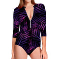 Purple Tropical Leaves Print Long Sleeve Swimsuit