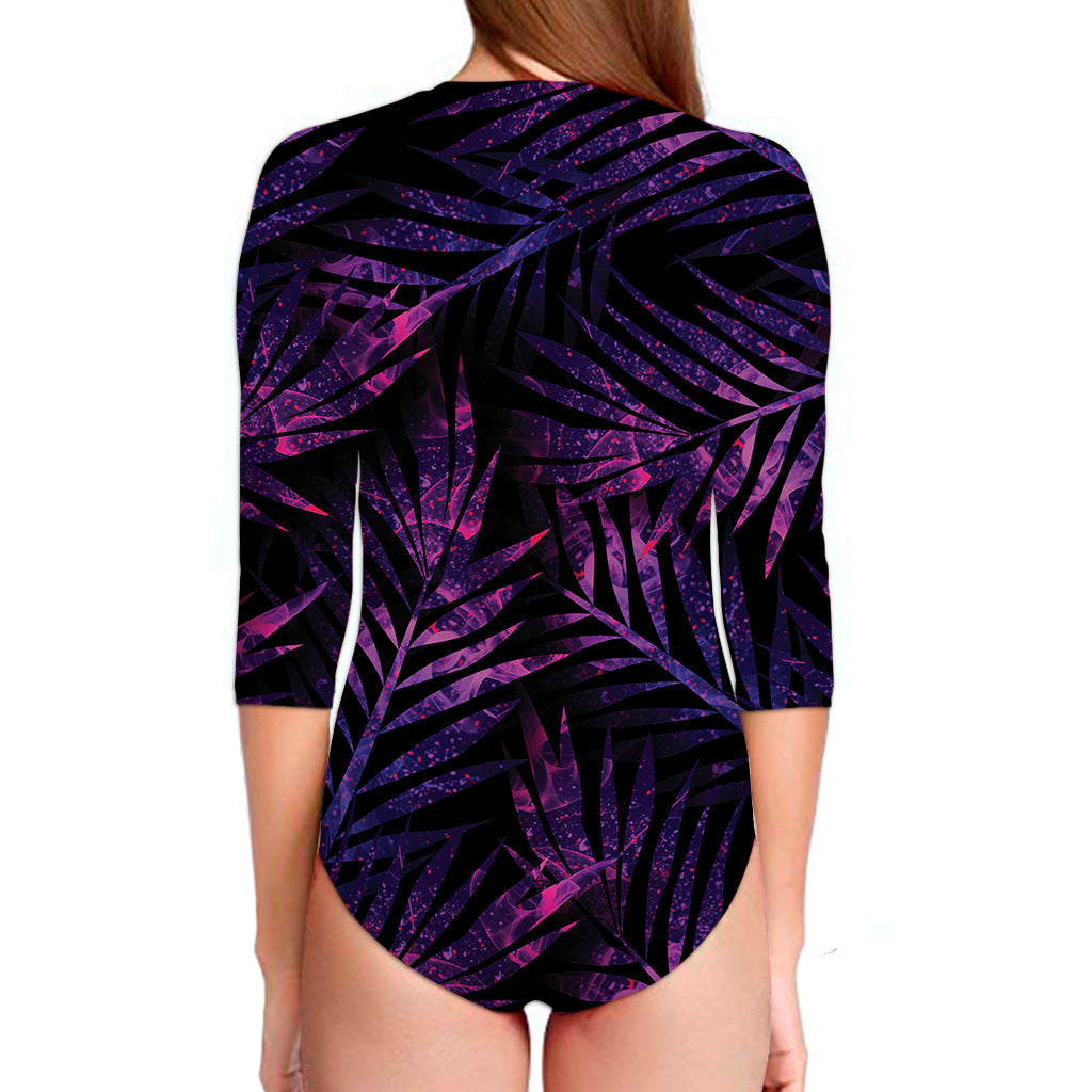 Purple Tropical Leaves Print Long Sleeve Swimsuit
