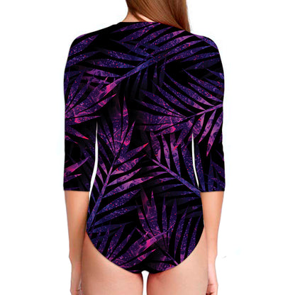 Purple Tropical Leaves Print Long Sleeve Swimsuit