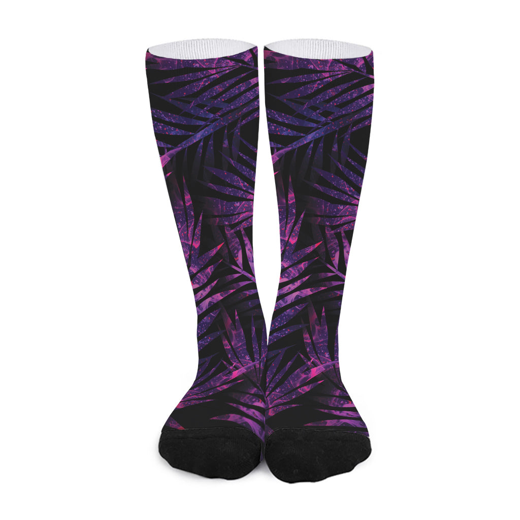 Purple Tropical Leaves Print Long Socks