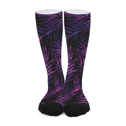 Purple Tropical Leaves Print Long Socks