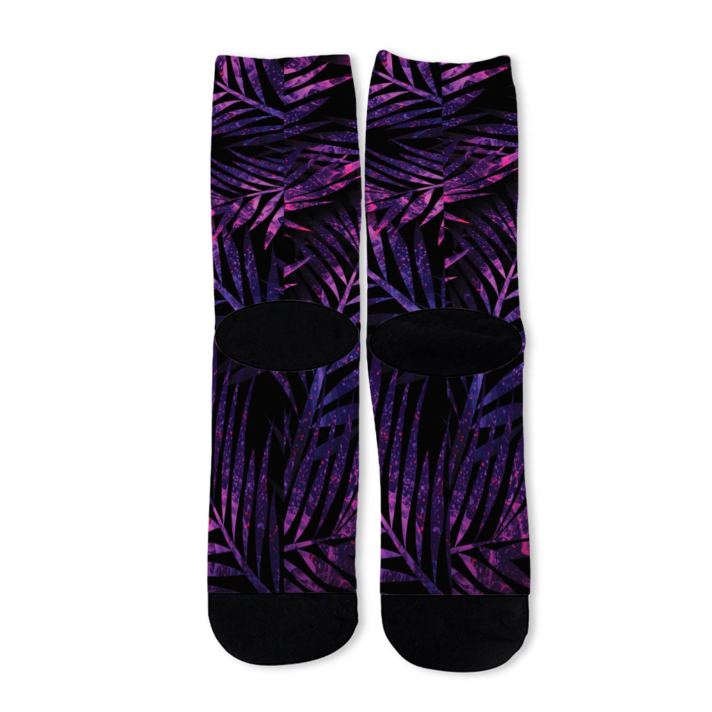 Purple Tropical Leaves Print Long Socks