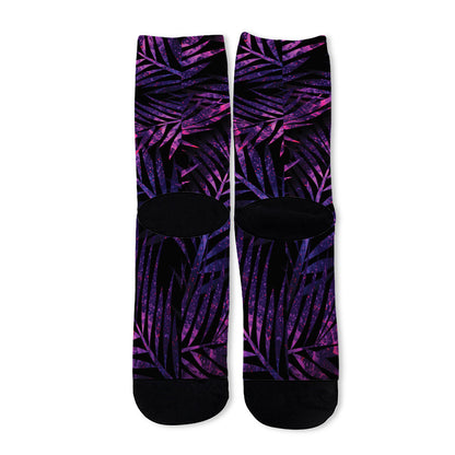 Purple Tropical Leaves Print Long Socks