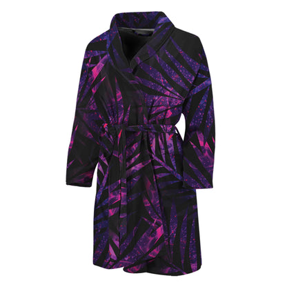 Purple Tropical Leaves Print Men's Bathrobe