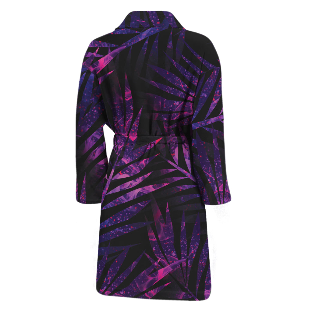 Purple Tropical Leaves Print Men's Bathrobe