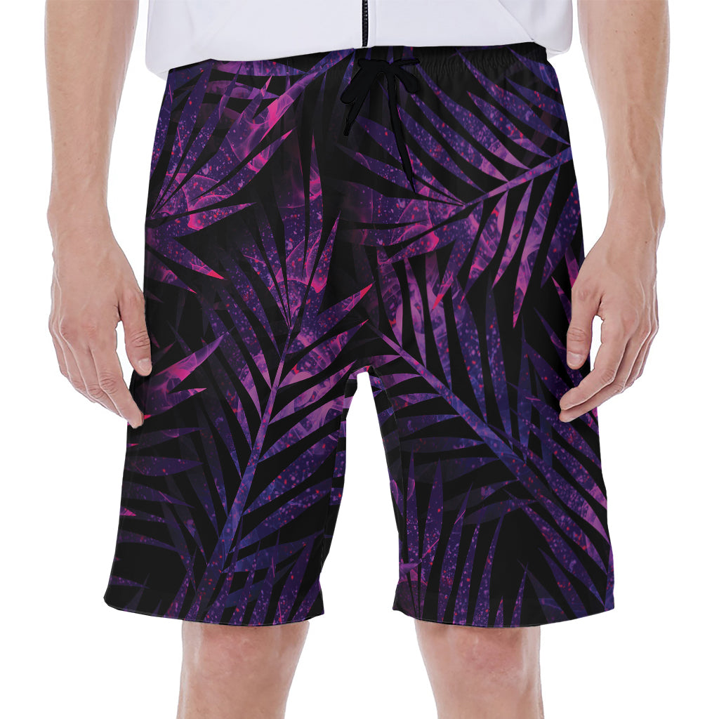 Purple Tropical Leaves Print Men's Beach Shorts