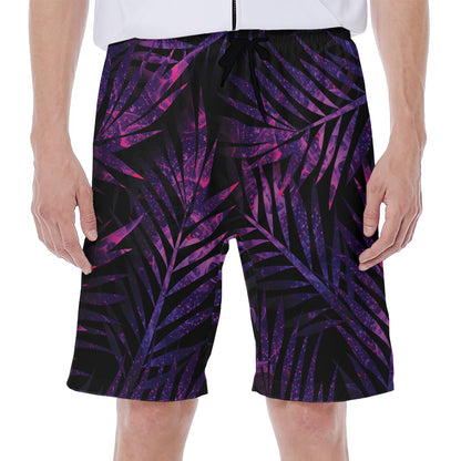 Purple Tropical Leaves Print Men's Beach Shorts