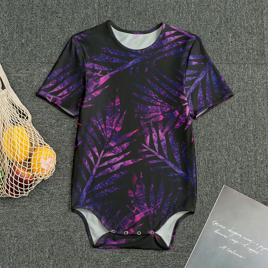 Purple Tropical Leaves Print Men's Bodysuit