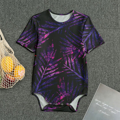 Purple Tropical Leaves Print Men's Bodysuit