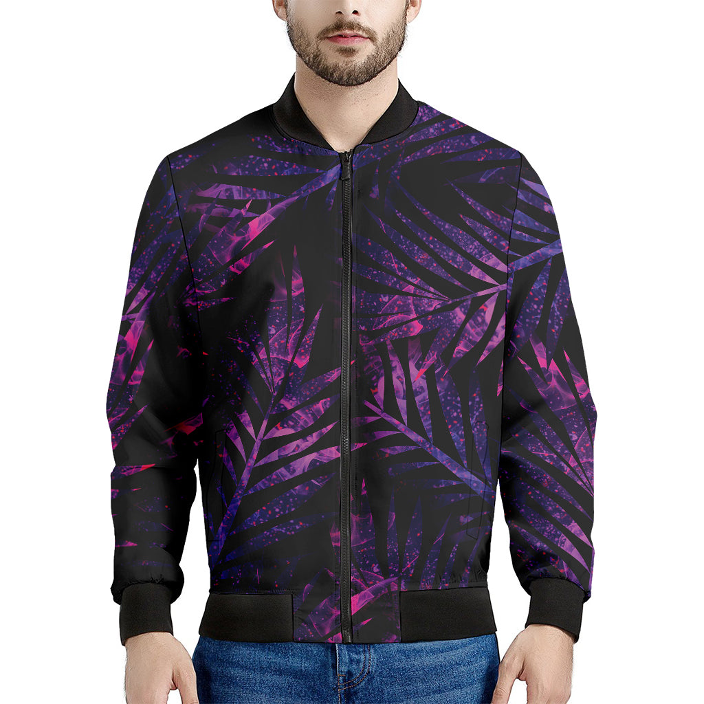 Purple Tropical Leaves Print Men's Bomber Jacket