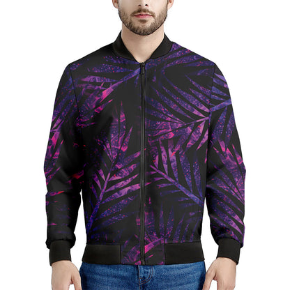 Purple Tropical Leaves Print Men's Bomber Jacket