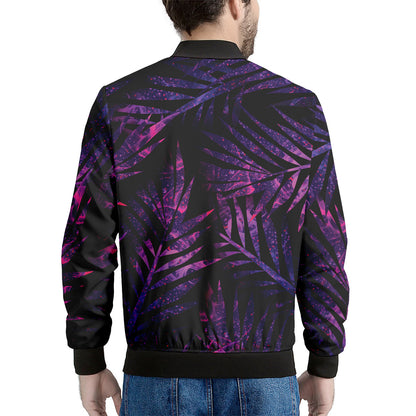 Purple Tropical Leaves Print Men's Bomber Jacket