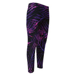 Purple Tropical Leaves Print Men's Compression Pants