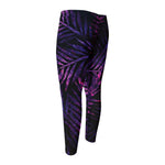 Purple Tropical Leaves Print Men's Compression Pants