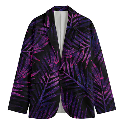 Purple Tropical Leaves Print Men's Cotton Blazer
