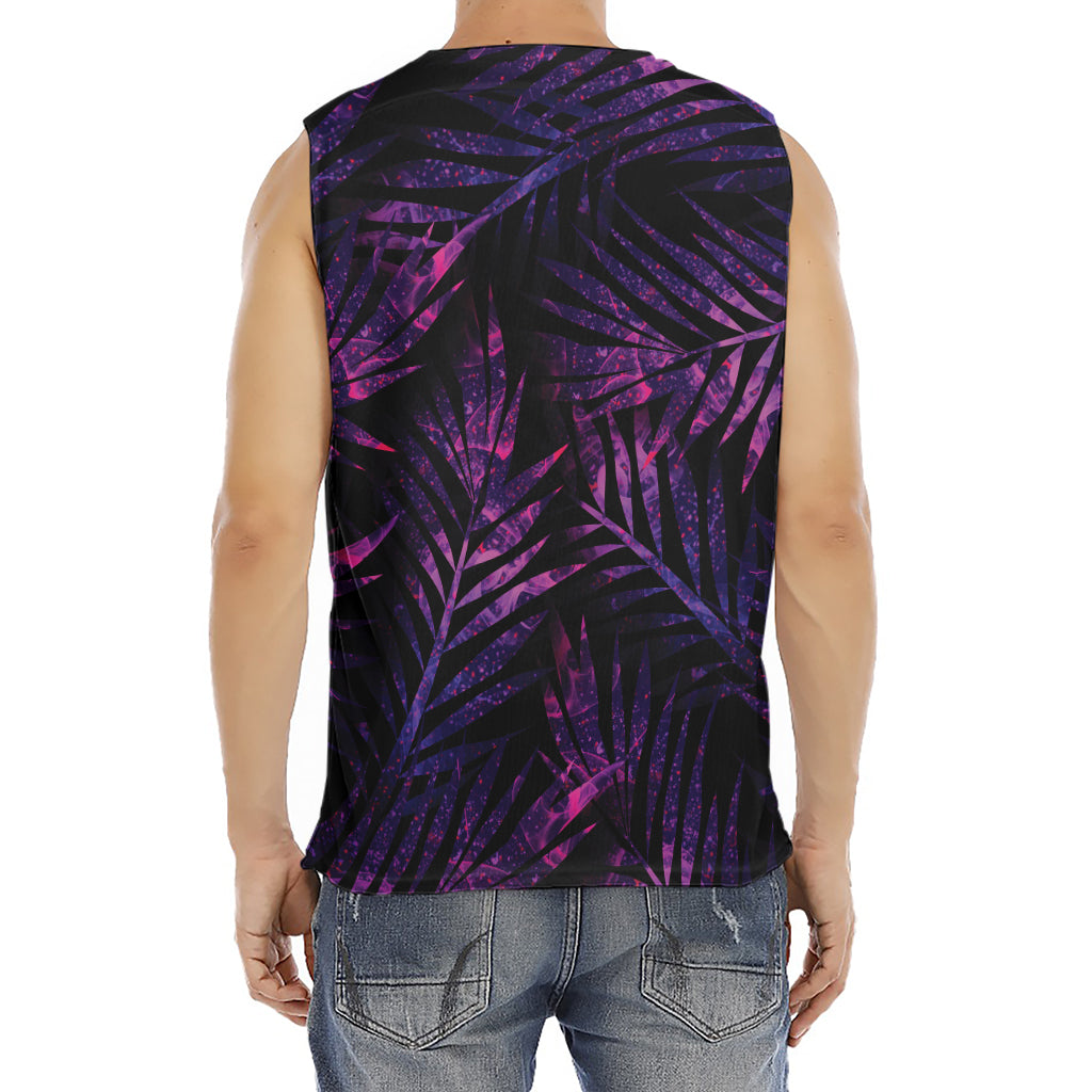 Purple Tropical Leaves Print Men's Fitness Tank Top