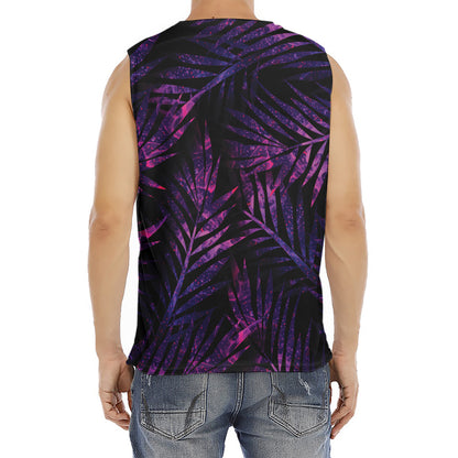 Purple Tropical Leaves Print Men's Fitness Tank Top
