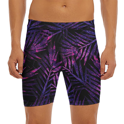 Purple Tropical Leaves Print Men's Long Boxer Briefs