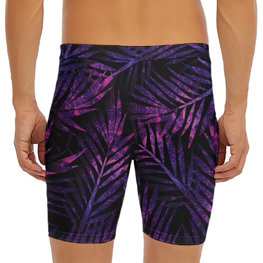 Purple Tropical Leaves Print Men's Long Boxer Briefs