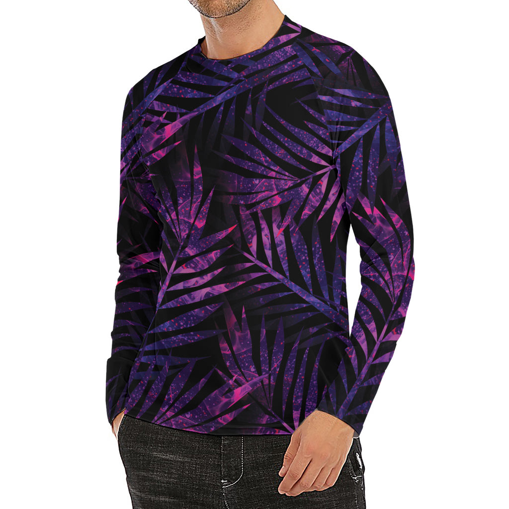 Purple Tropical Leaves Print Men's Long Sleeve Rash Guard
