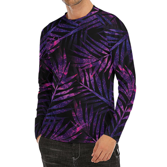 Purple Tropical Leaves Print Men's Long Sleeve Rash Guard