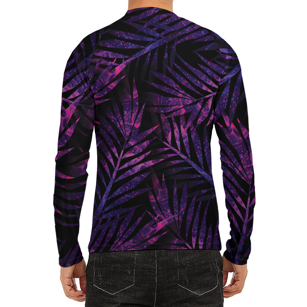 Purple Tropical Leaves Print Men's Long Sleeve Rash Guard