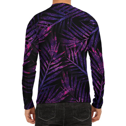 Purple Tropical Leaves Print Men's Long Sleeve Rash Guard