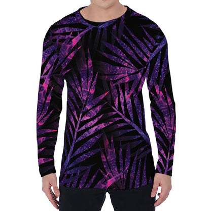 Purple Tropical Leaves Print Men's Long Sleeve T-Shirt