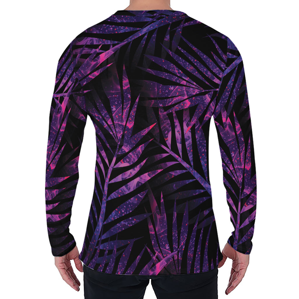 Purple Tropical Leaves Print Men's Long Sleeve T-Shirt