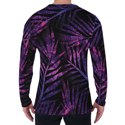 Purple Tropical Leaves Print Men's Long Sleeve T-Shirt