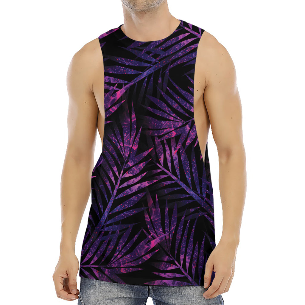 Purple Tropical Leaves Print Men's Muscle Tank Top