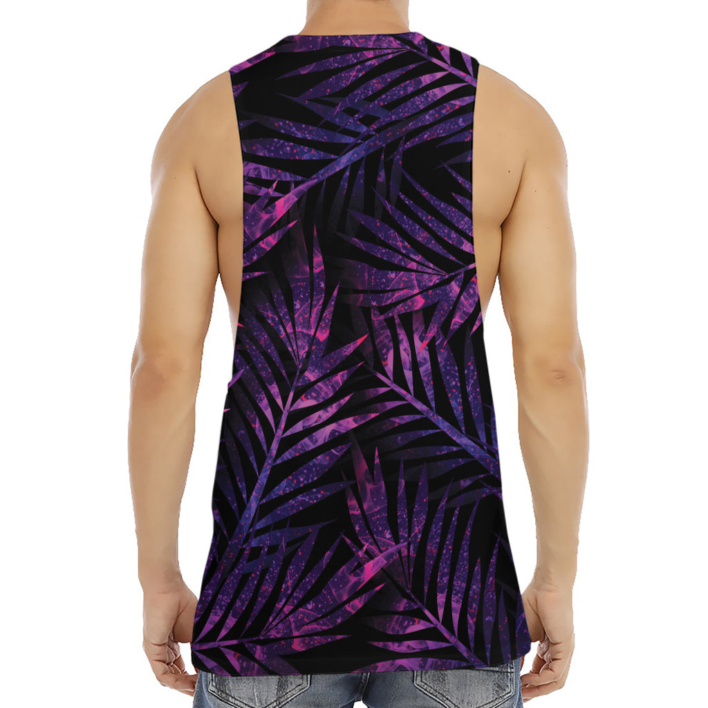 Purple Tropical Leaves Print Men's Muscle Tank Top