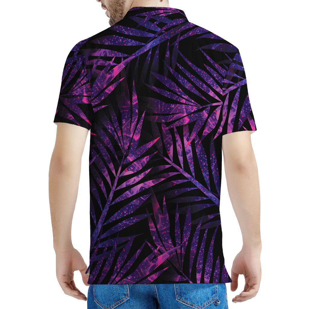 Purple Tropical Leaves Print Men's Polo Shirt