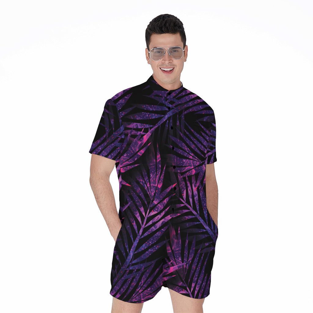 Purple Tropical Leaves Print Men's Rompers