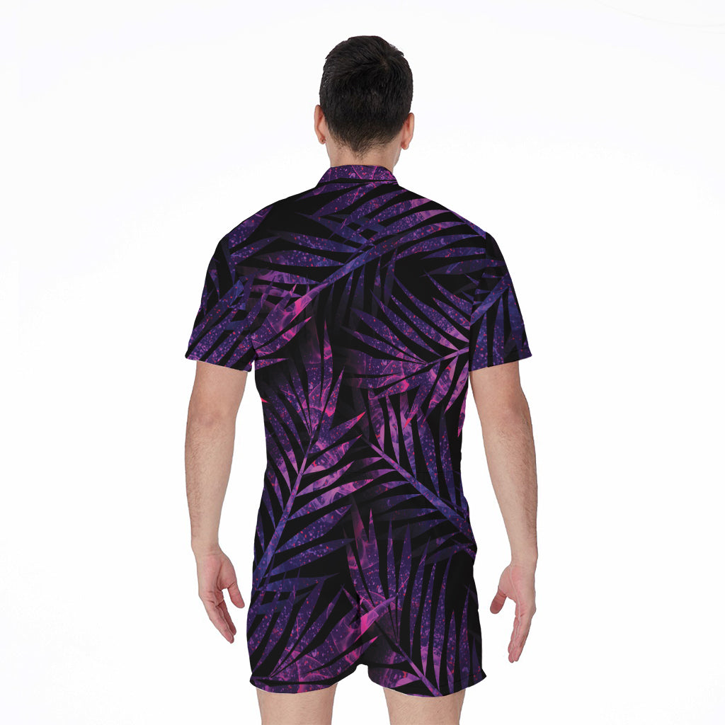 Purple Tropical Leaves Print Men's Rompers