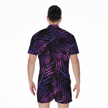 Purple Tropical Leaves Print Men's Rompers