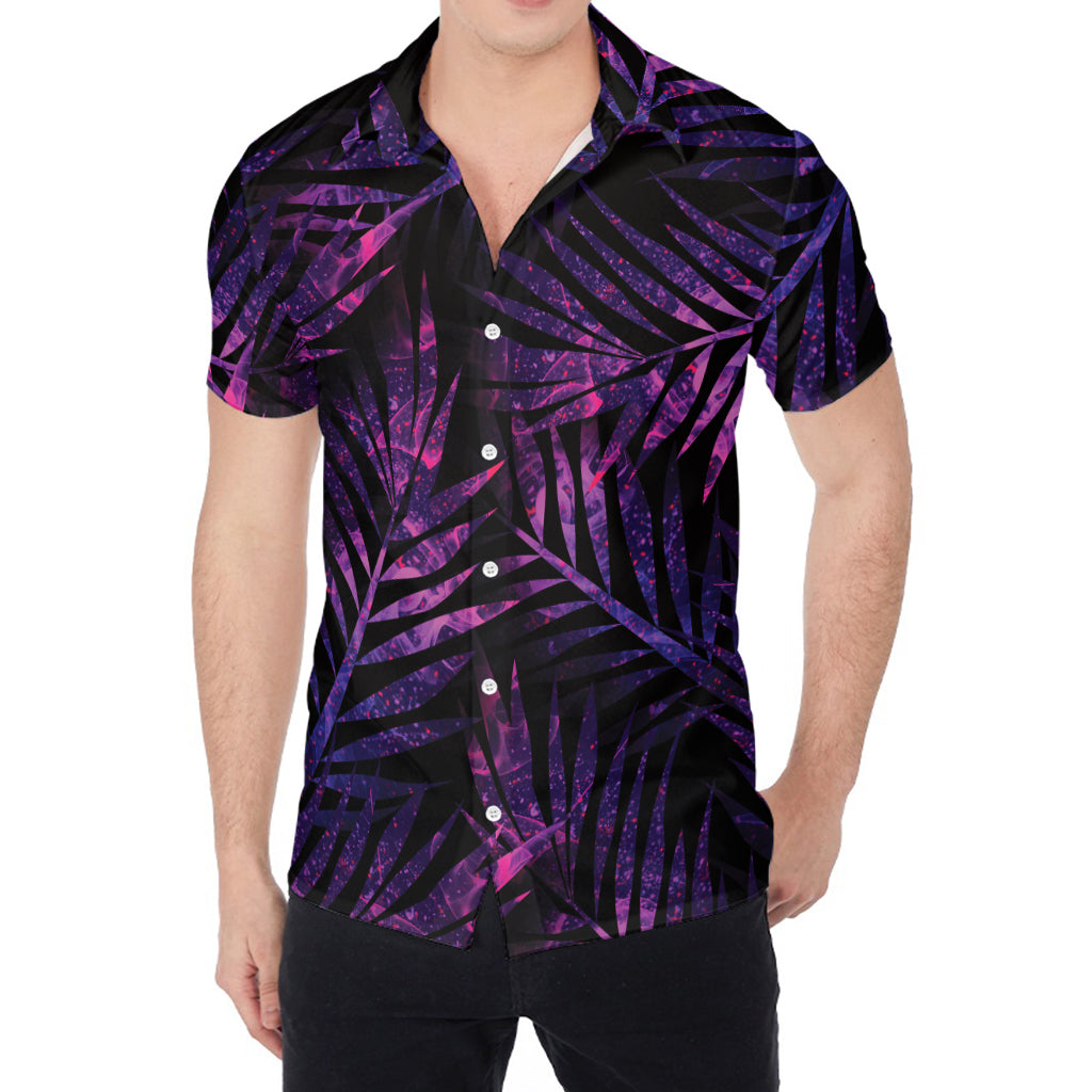 Purple Tropical Leaves Print Men's Shirt