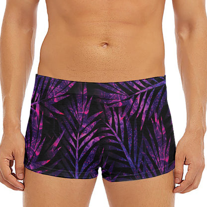 Purple Tropical Leaves Print Men's Short Boxer Briefs
