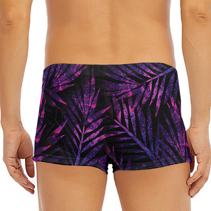 Purple Tropical Leaves Print Men's Short Boxer Briefs