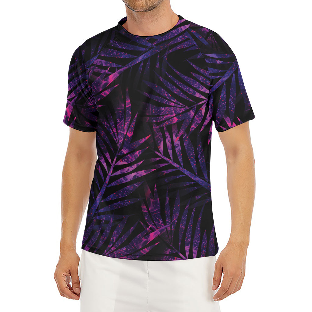 Purple Tropical Leaves Print Men's Short Sleeve Rash Guard